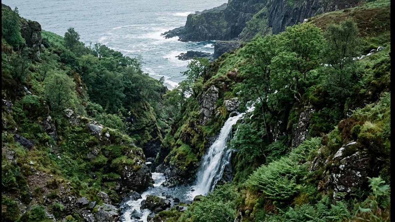 A wooded glen dropping to dark basalt sea cliffs, a waterfall in a ravine, wet green light