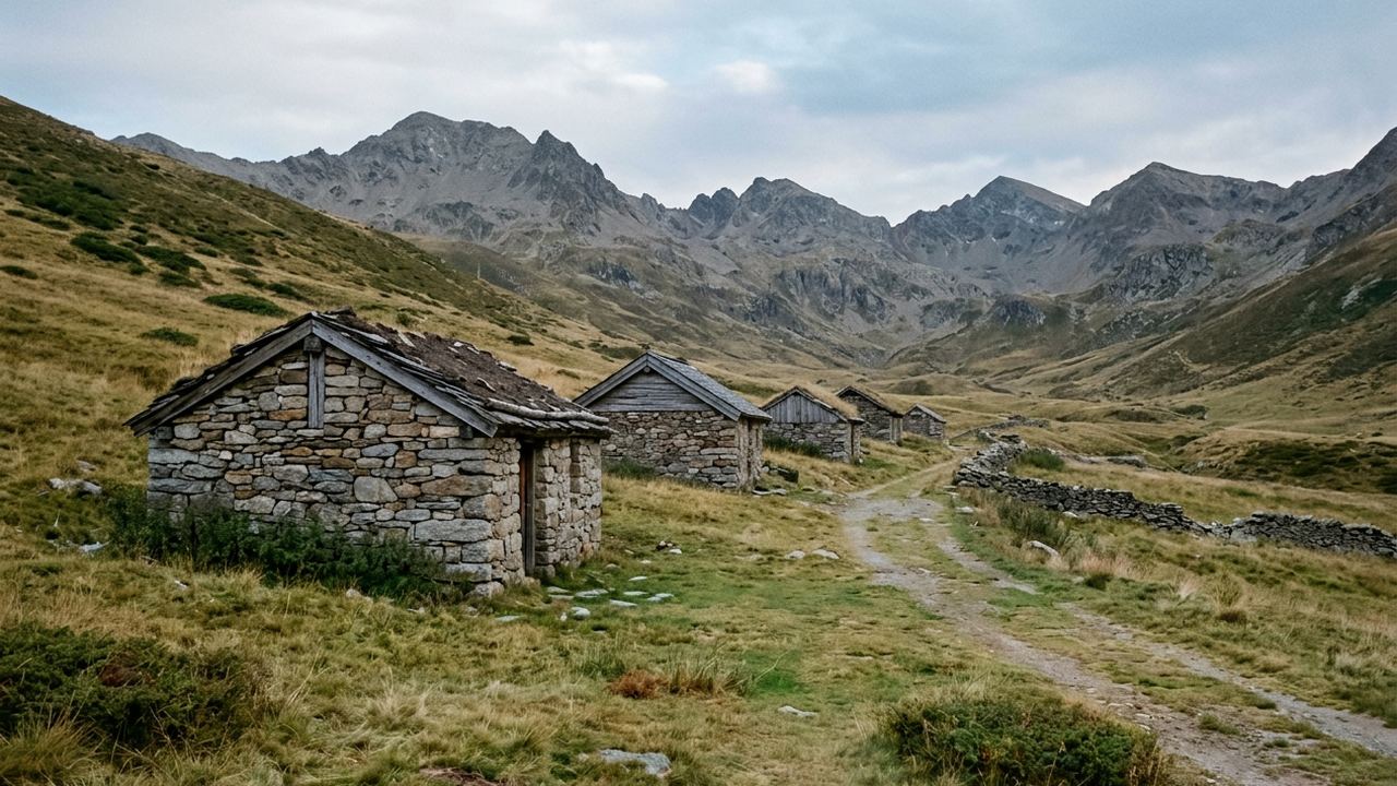 A row of small stone shepherd huts spaced out along a high pasture, receding toward bare peaks