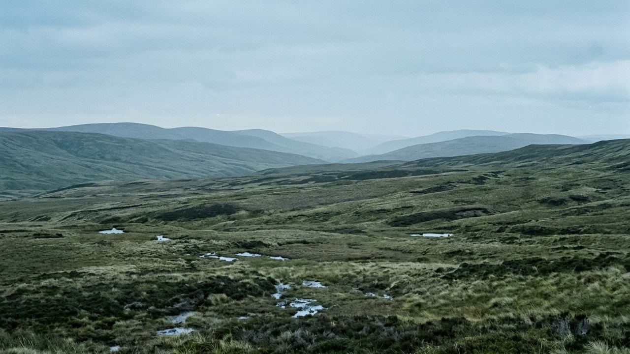 Wide upland moor with successive ridges fading into haze one behind another, no buildings, cool light