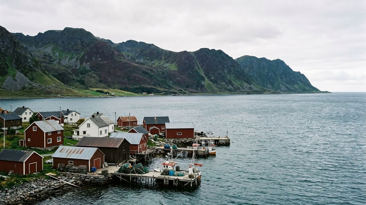 A ridge of low mountains running into a wide cold gulf, fishing village on the shore