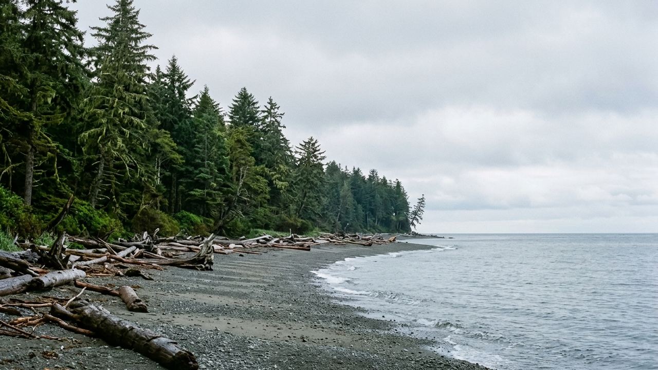 Dense coastal rainforest meeting a grey Pacific beach with driftwood logs, low cloud