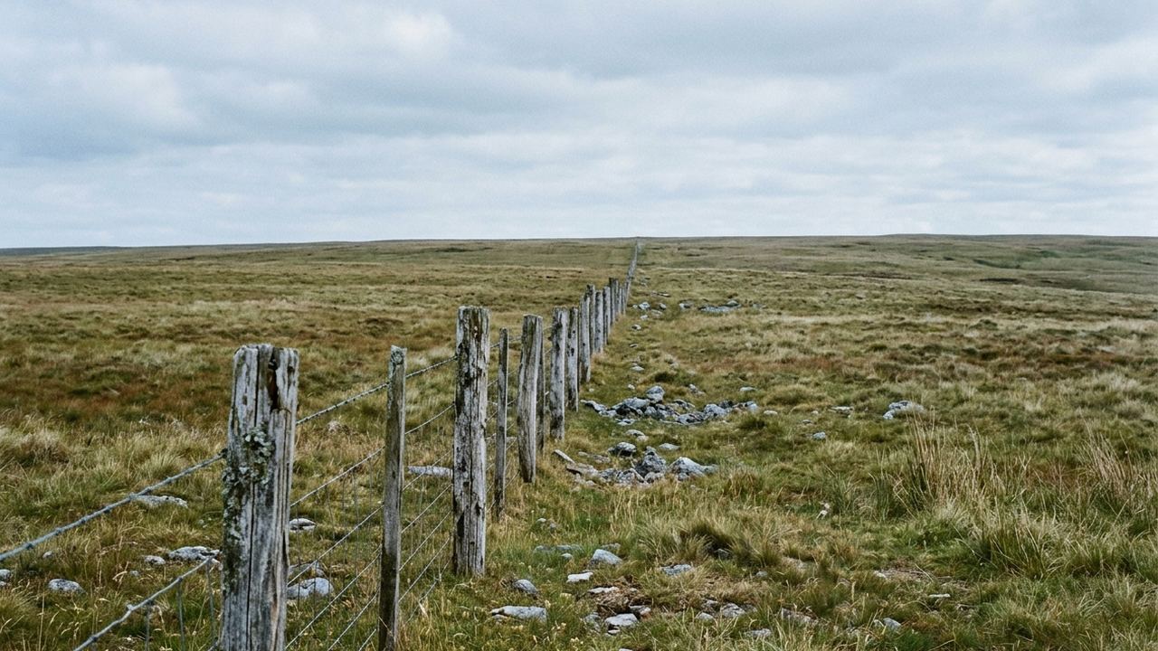 A long line of weathered fence posts receding across open grassland to a low horizon, wire between them, cool grey light