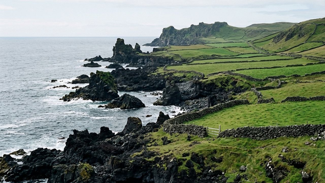 A black volcanic coastline with low basalt walls dividing green fields behind it, clear light