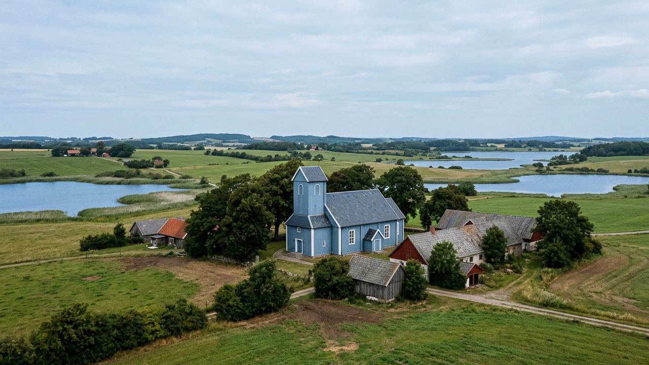 A landscape of small lakes and low farms with a blue wooden church, soft summer light