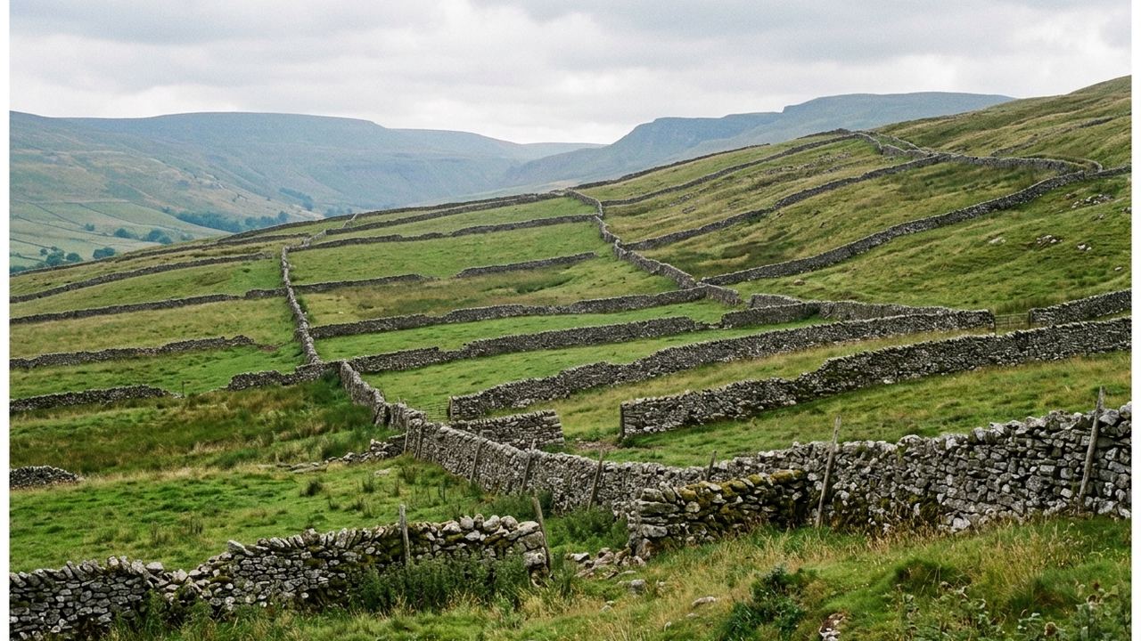 A hillside of stone field walls dividing the slope into a receding series of green enclosures, soft light