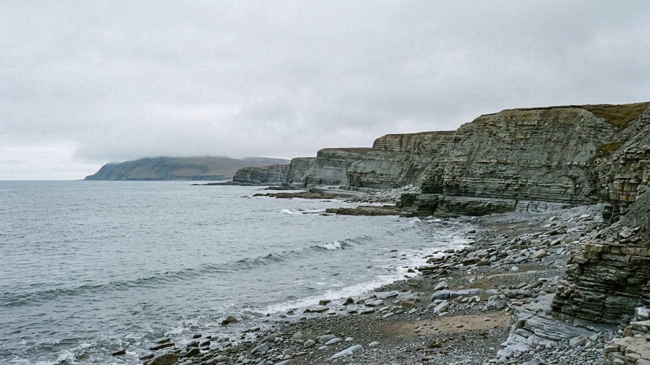 Layered grey sedimentary cliffs stepping back along a cold shoreline, flat light, no boats