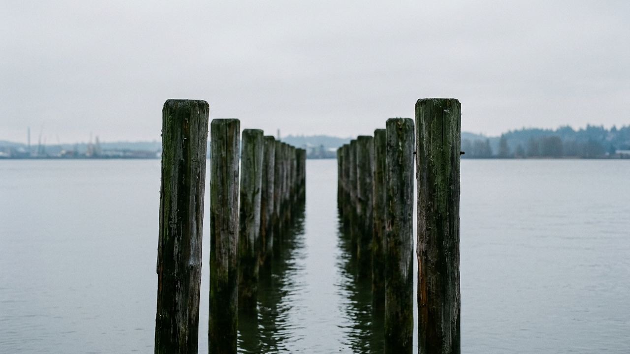 A row of timber mooring posts standing in still grey water, receding away from the viewer, flat northern light