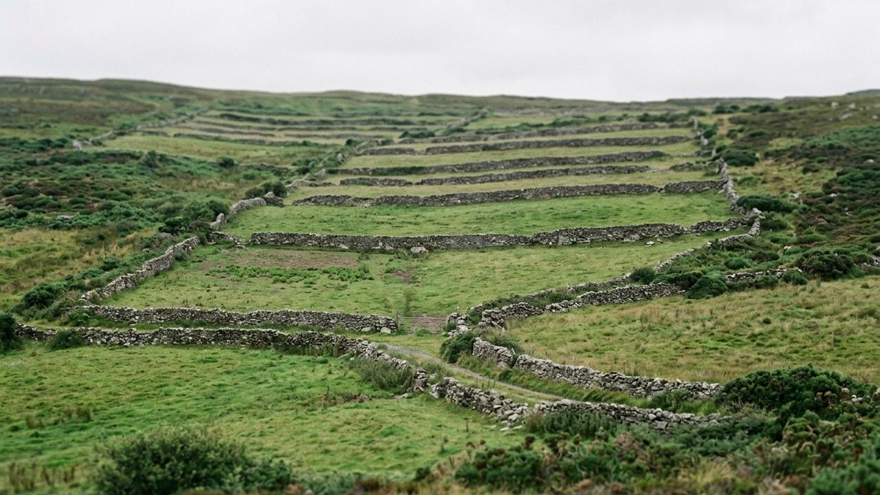 Terraced fields stepping up a green hillside in receding bands, dry stone retaining walls, soft overcast